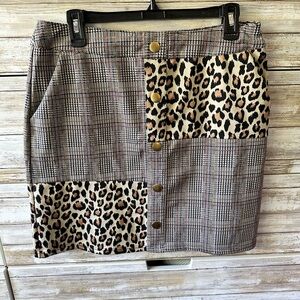 🐆 Cato Mixed Print Plaid Leopard Button Front Mini Skirt Size M